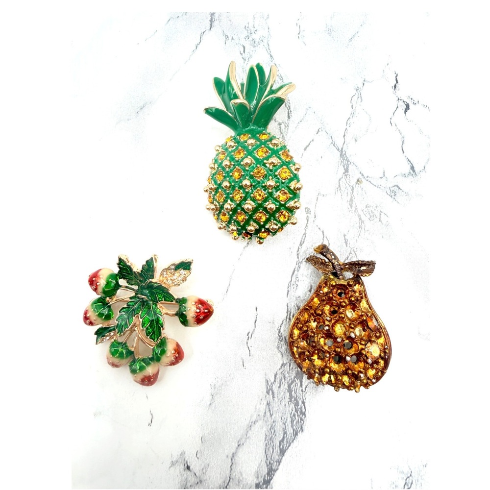 Fruit Brooch Lot of 3 Strawberry Pear Pineapple Rhinestone Enamel Gold Tone